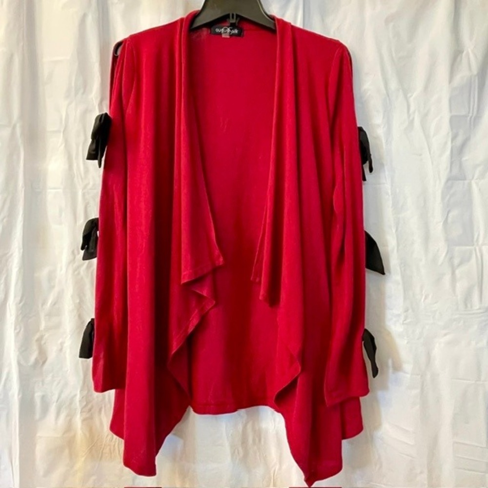 August Silk Draped Waterfall Open Front Cardigan w Slit Sleeve & Chiffon Bows M